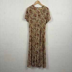 Vintage 90s Cream Floral Midi Dress Cottagecore Medium Button Front Moto Boho